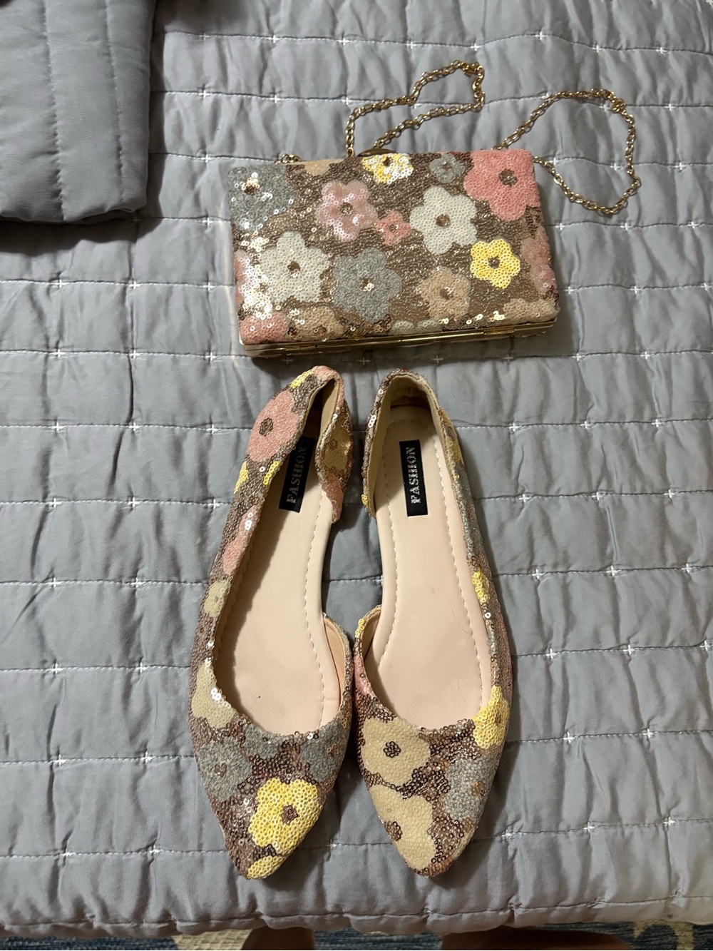 Matching Floral Sequin Pointed Toe Flats and Clutch Set - Pink Multi